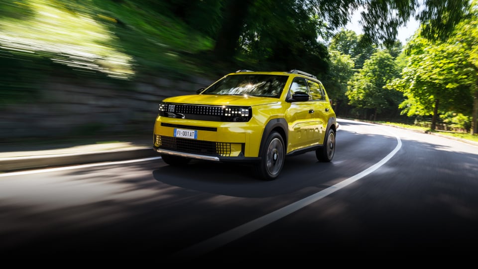 Front angled view of Fiat Panda on the road