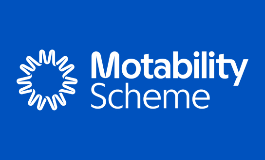 Motability logo on a blue background.