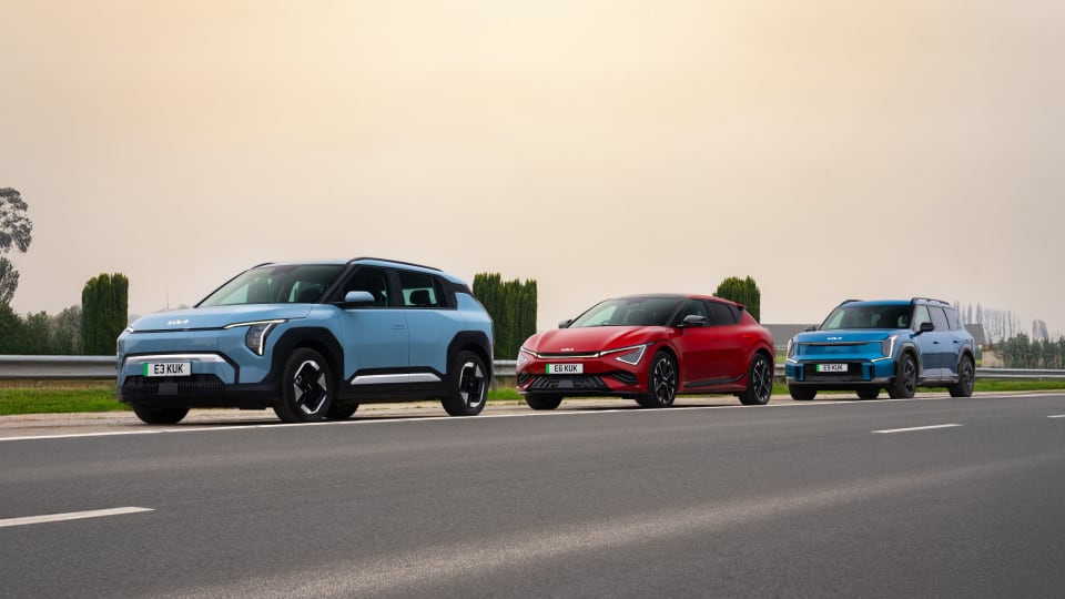 Front angled view of Kia EV3, EV6 and EV9