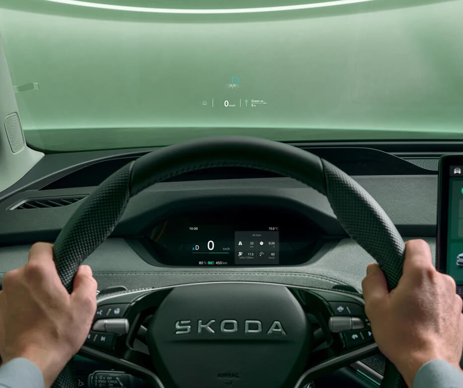 Skoda Enyaq dashboard showing head up display
